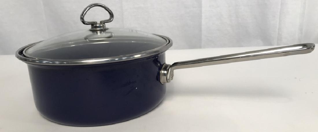 Chantal Blue Enamel Covered Pot: Chantal Blue Enamel Covered Pot, 4 in high x 9 1/. Diameter, overall length 16 in, good condition, Chantal Cookware, Enameled Cookware, Kitchenware, Tableware, Cooking Utensils, 5