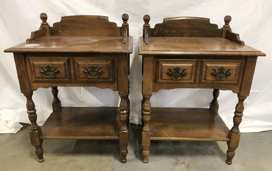 Pair Vintage HEYWOOD WAKEFIELD Side Tables: Tag on interior of drawer reads HEYWOOD WAKEFIELD. Drawers have hand dovetailing. Each piece has carved wooden detail & 2 metal handles. 1 has crack discoloring and staining to wood. Each measures app