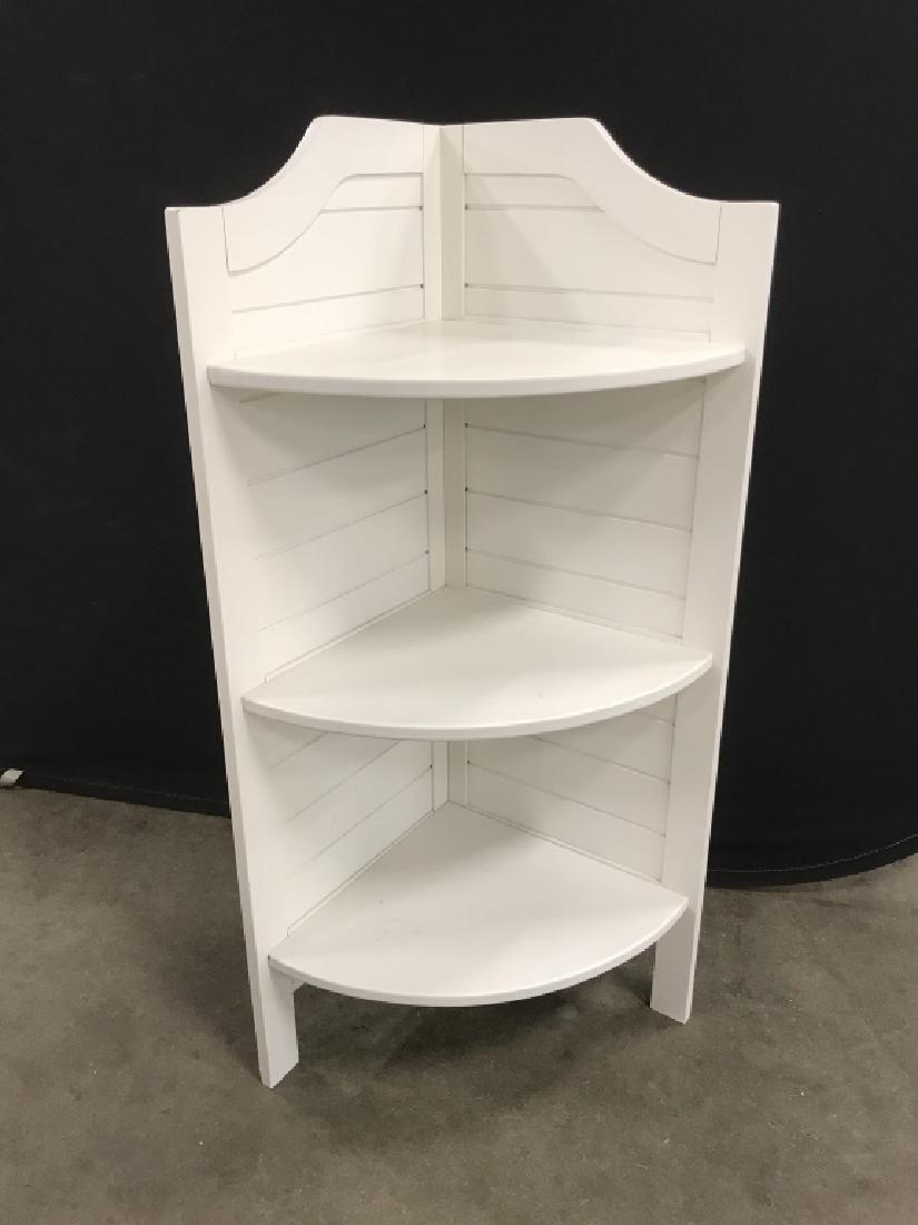 White Tone Painted Wooden 3 Tier Corner Shelf: White Tone painted wooden 3 tier corner shelf. Some minor surface wear. Approx 41.75 inches in height by 15.5 inches in length on each side. Country cottage / seaside interior decor. Property of Rye, 