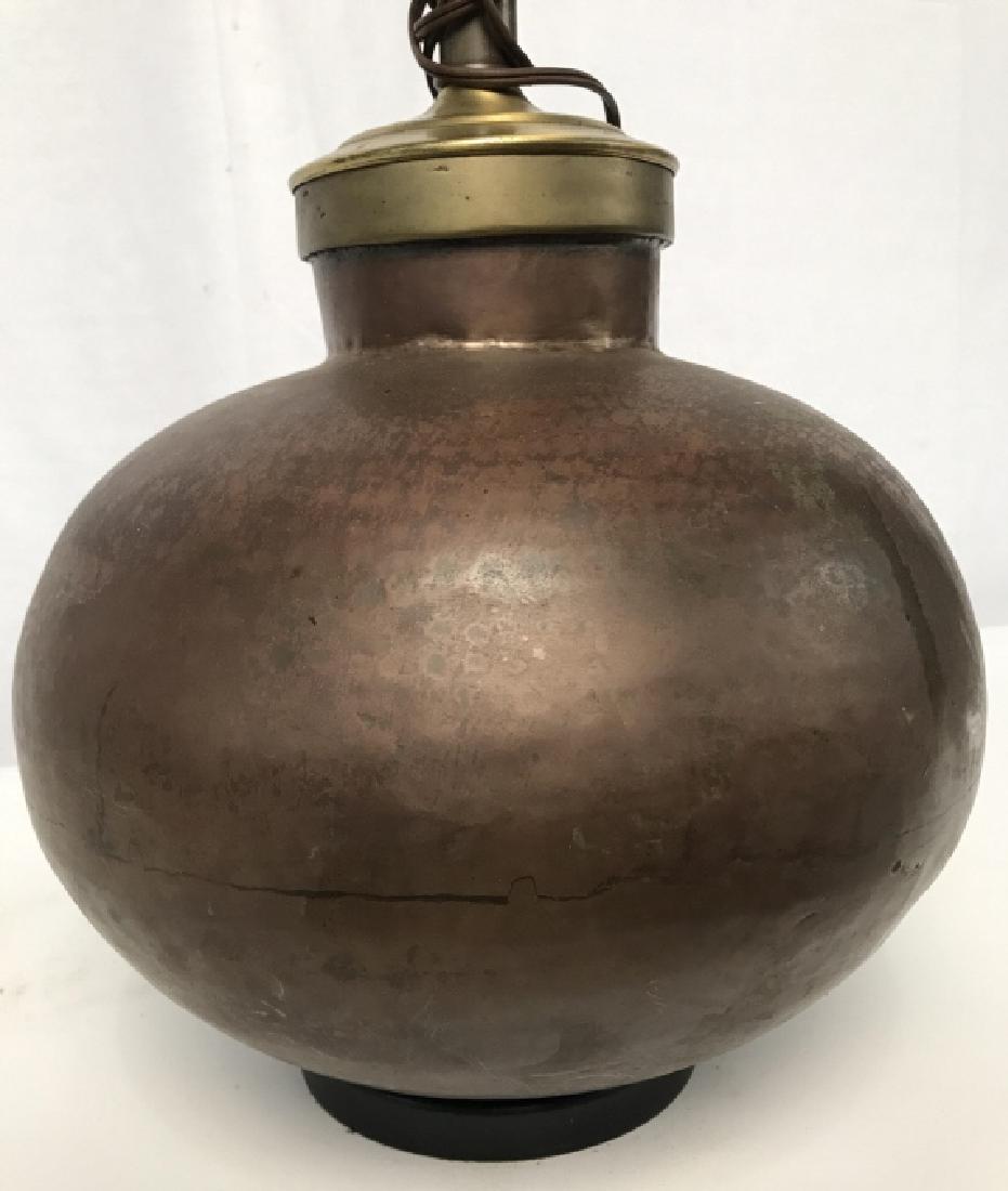 Vintage Asian Style Copper Toned Lamp Base: Vintage Asian Style Copper Toned Lamp Base, 21 in tall x 14 in width of body, some dents, not tested, no shade, Decorative Lighting, Collectible Decorative Lamps, arts and crafts Lamp, craftsman lamp,