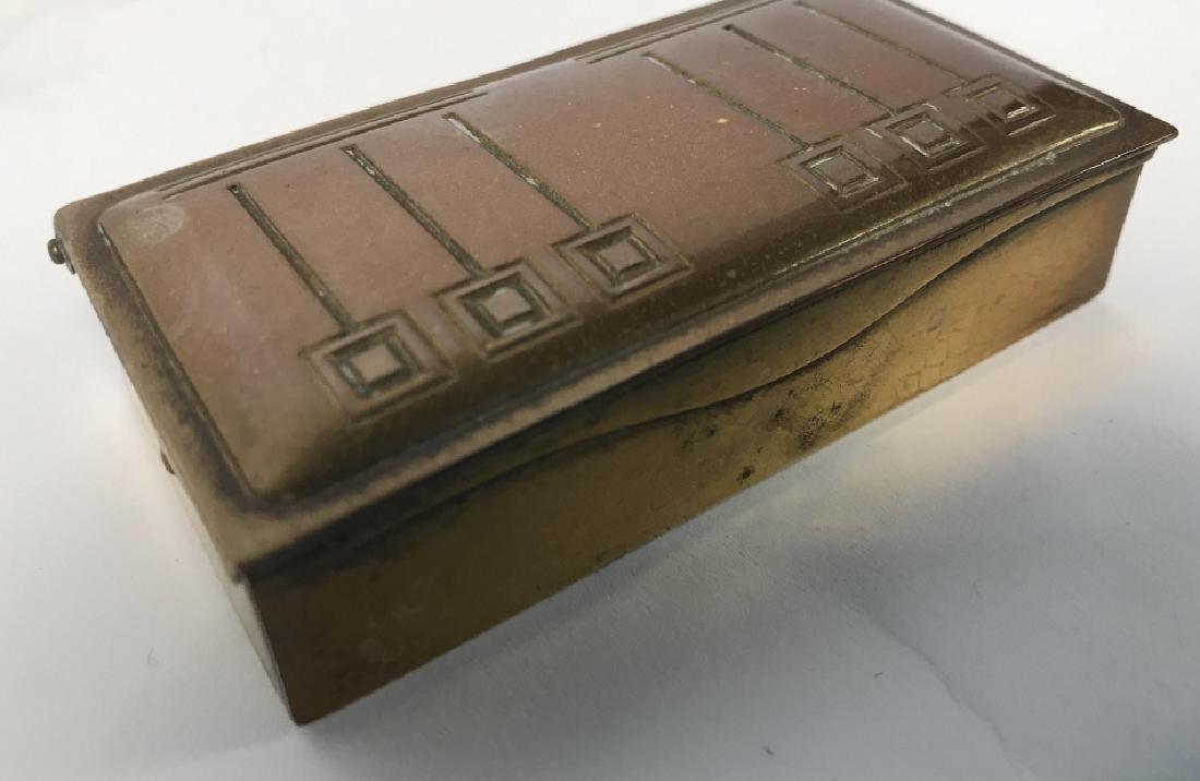 Vintage Arts and Crafts Brass Pill Box, Austria: Vintage Brass Pill Box, Austria, 1 1/4 in x 3 1/2inx 1 7/8 in marked Austria , G.E.S. Gt. SCH, good condition, another secret vessel burst opening stuck, Brass Collectibles, Collectible Accessories, M