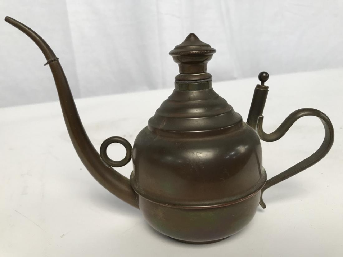 Vintage Copper Toned Oil Vessel: Vintage Copper Toned Oil Vessel, 5in x 8in to widest point, marked Trade mark on underside, Screw Lid, Good condition, tarnish, Copper collectibles, Copper Kitchenware, Collectible Decorative Copperwa