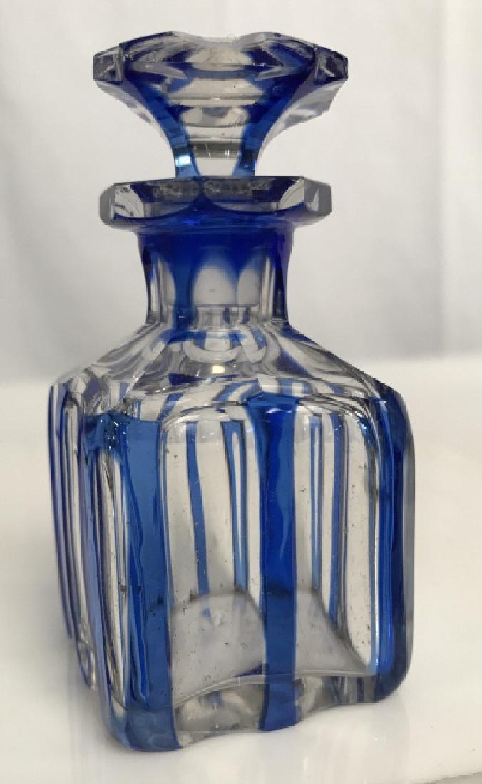Vintage Bohemian Glass Perfume Bottle: Vintage Bohemian Glass Perfume Bottle, 3 1/4 in tall x 1 3/4 in Wide, Stopper cracked, not marked, with blue vertical stripes, Collectible Perfume Bottles, Collectible Bohemian Glass, Tableware, dress