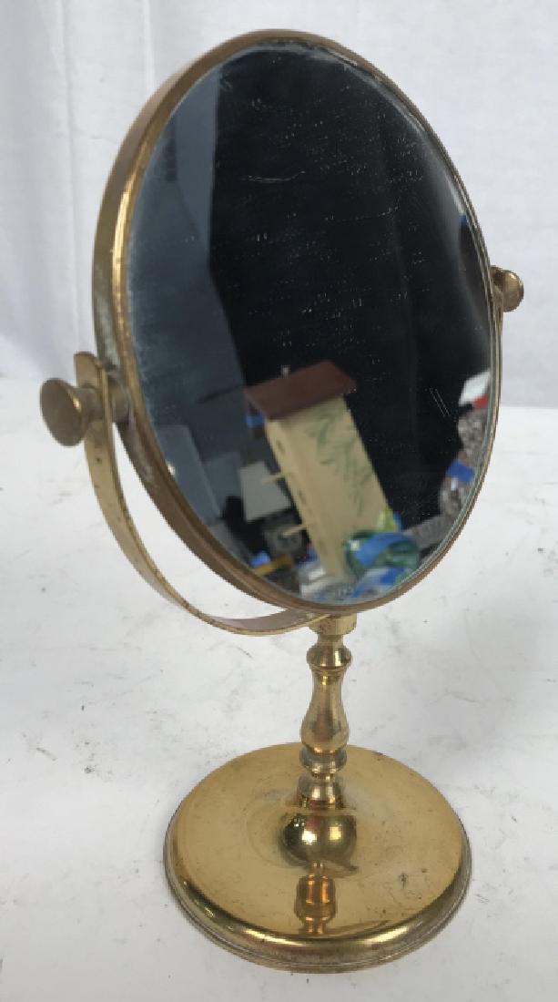 Brass Pedestal Vanity Flip Mirror: Mirror flips and magnifies, brass accessory, bath accessory, Dresser accessory, Mirror, Pedestal Mirror, Brass Framed Mirror, measures ht app 9.5 inches diameter app 6.5 inches