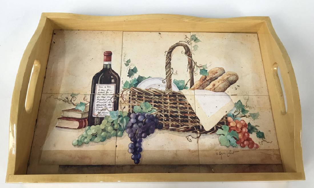 Wood & Tile Serving Tray: Serving tray is wooden with handles. Center of tray has 6 tiles with an image of wine, grapes, books, and bread in a basket. Measures approx 19 inches long, 13 inches deep, 3.5 inches tall. Serving tr