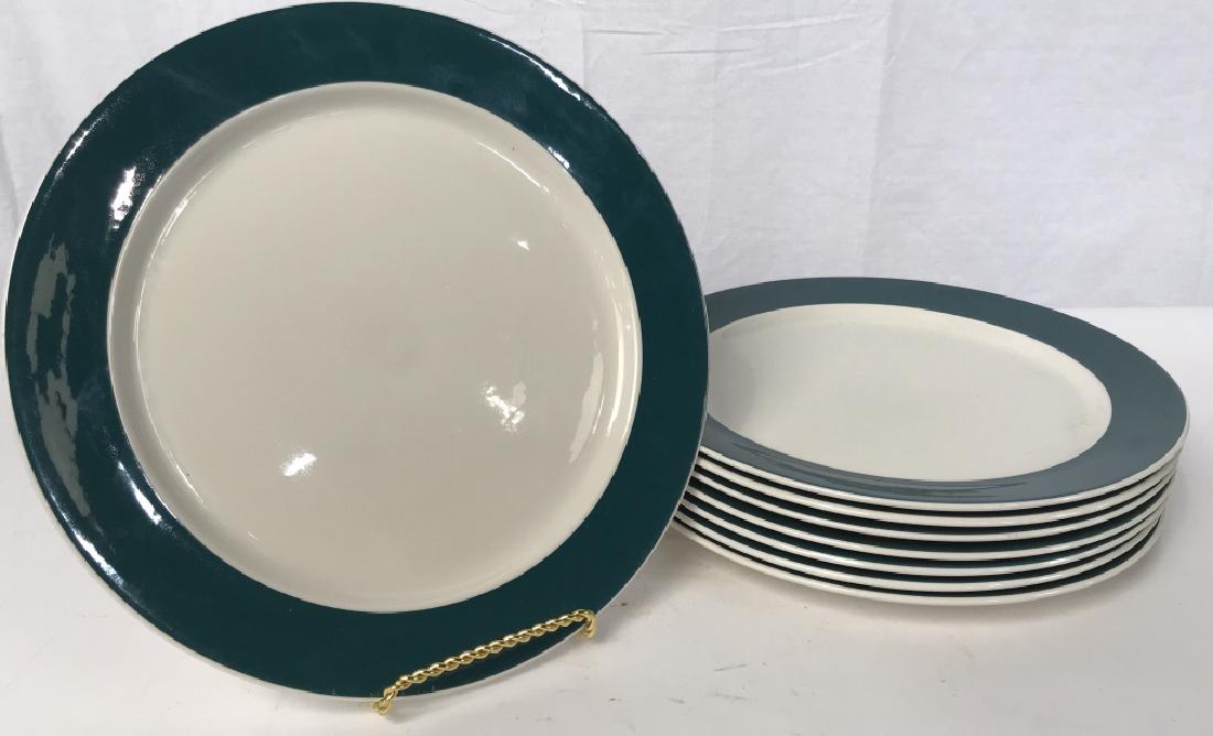Set of 8 VILLEROY and BOCH Porcelain Dinner Plates: Set of 8 VILLEROY AND BOCH vitro-porcelain dinner plates in Zurich style with deep teal rim band. Undersides marked for Villeroy and Boch. Approx 12.25 inches in diameter. Tableware/ serveware / dishw