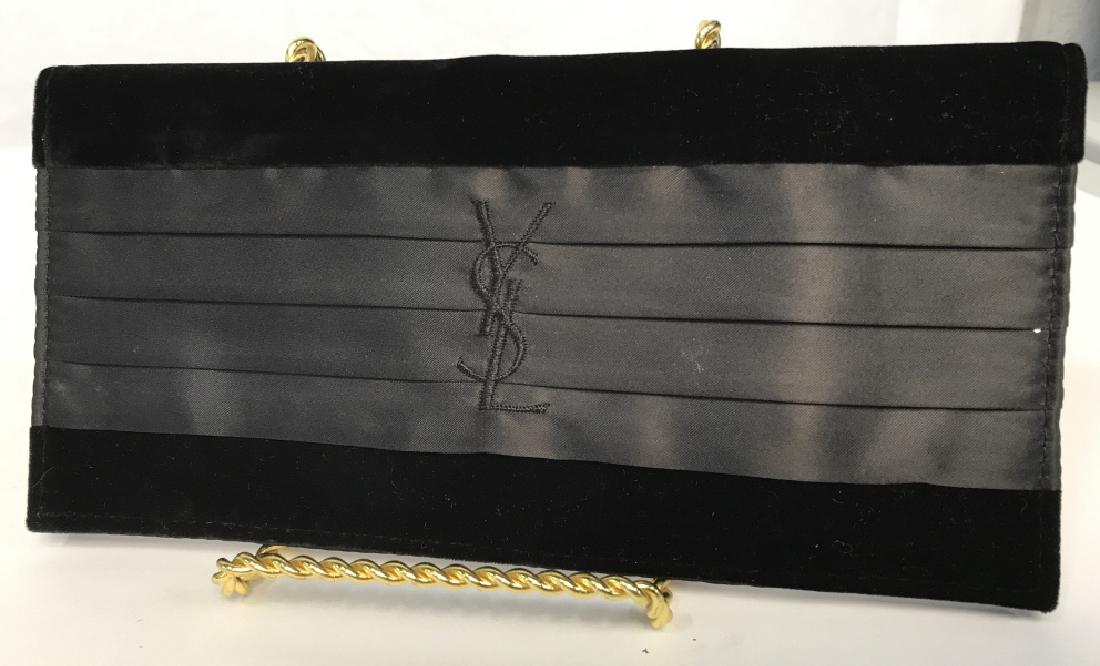 Yves Saint Laurent ladies Velvet Clutch: Yves Saint Laurent ladies Velvet Clutch, 10 in x 5 in, envelope type, with silk ribbon bands and YSL logo on front, good condition, Yves Saint Laurent Ladies accessories, Ladies Evening wear, French L