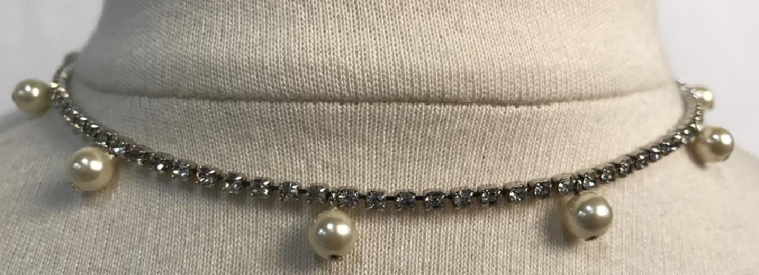 Pearl and Rhinestone Choker Necklace: Pearl and Rhinestone Choker Necklace, 15 in, good condition, chain of rhinestones With Simulated dangling pearls, Ladies Simulated Diamond Choker, Simulated Pearl Jewelry, Vintage, Estate Costume, 5