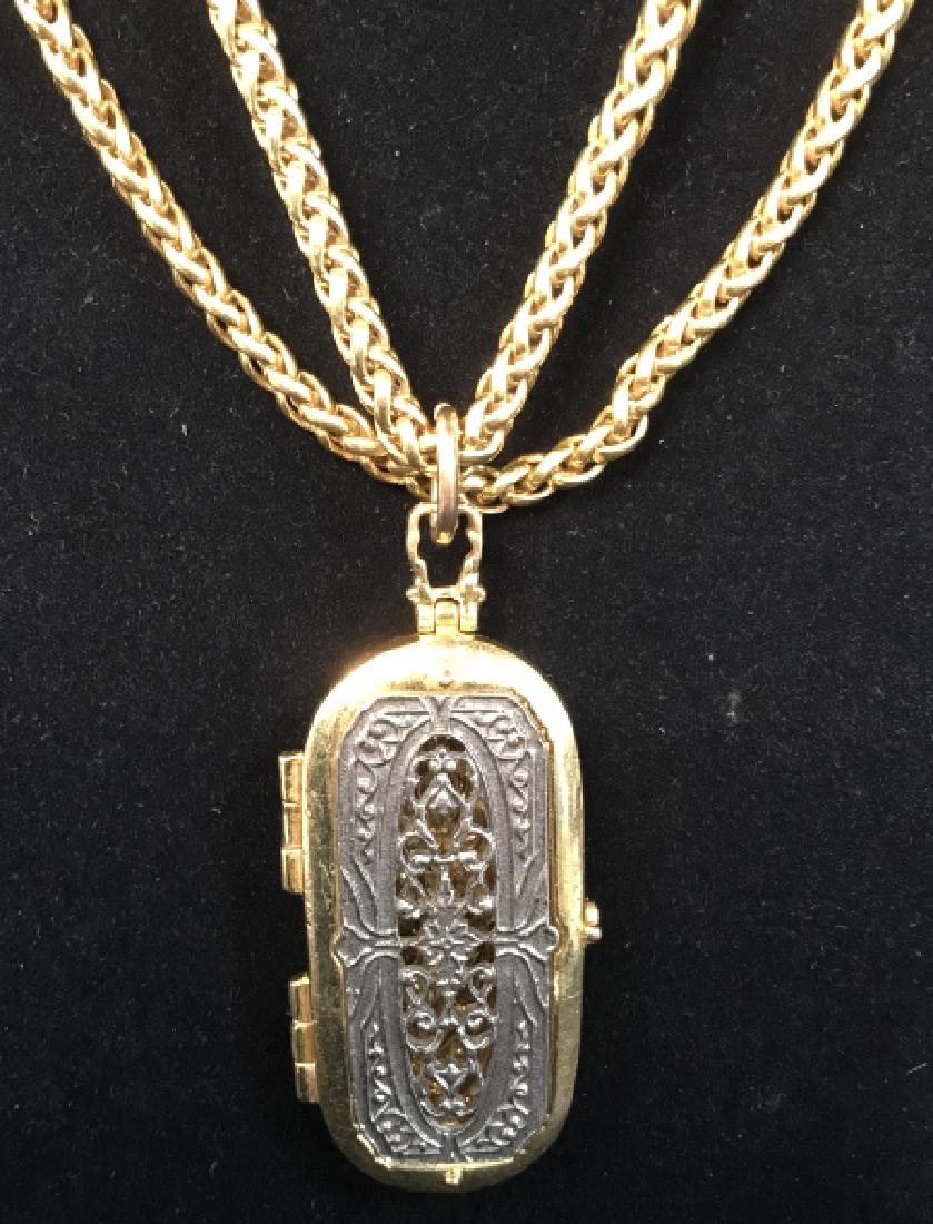Silver & Gold Toned Locket Pendant Necklace: Silver & Gold Toned Locket Pendant Necklace. Measures approx 23 inches doubled. Locket pendant Contains intricate detail. Ladies vintage costume estate Fashion Jewelry, Costume, Ladies statement neckl