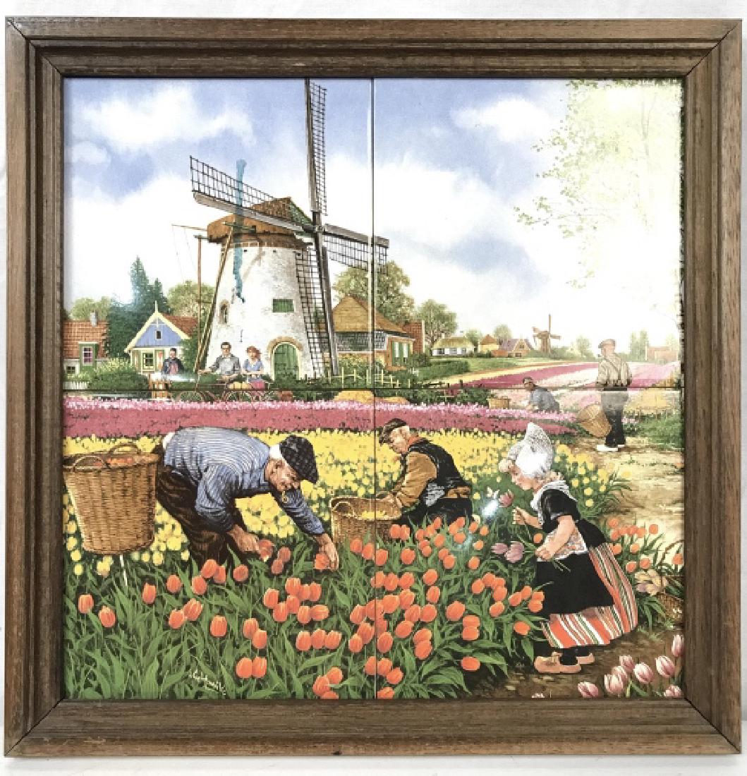 Framed Vintage Porcelain Tile Artwork: Porcelain tiles with transfer art print. Depicts scene of multiple figures gathering flowers by a windmill. Piece is professionally framed with brown toned frame. Measures approx 14 inches square. vin