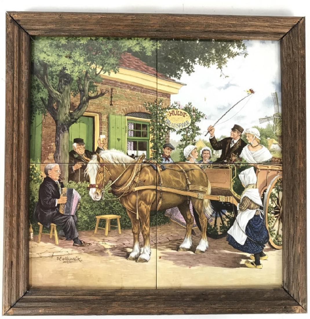 Framed Vintage Painted Porcelain Tile Artwork: Vintage Porcelain/ Ceramic Tile transfer art print, porcelain tiles, Artwork depicts a couple riding in a horse carriage through a village. Measures approx 14 inches square. Piece is professionally fr
