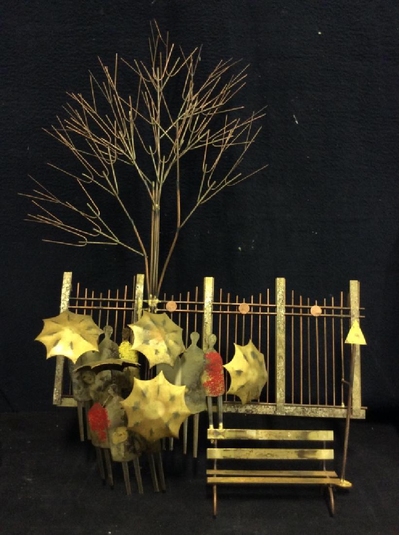 Signed Mid Century CURTIS JERE Metal Sculpture: Signed Mid Century CURTIS JERE Metal Sculpture Appears to be signed C JERE on right side. Sculpture appears to depict a park gate, trees, human figures & park benches. Appears to be mixed Metals, 3D W