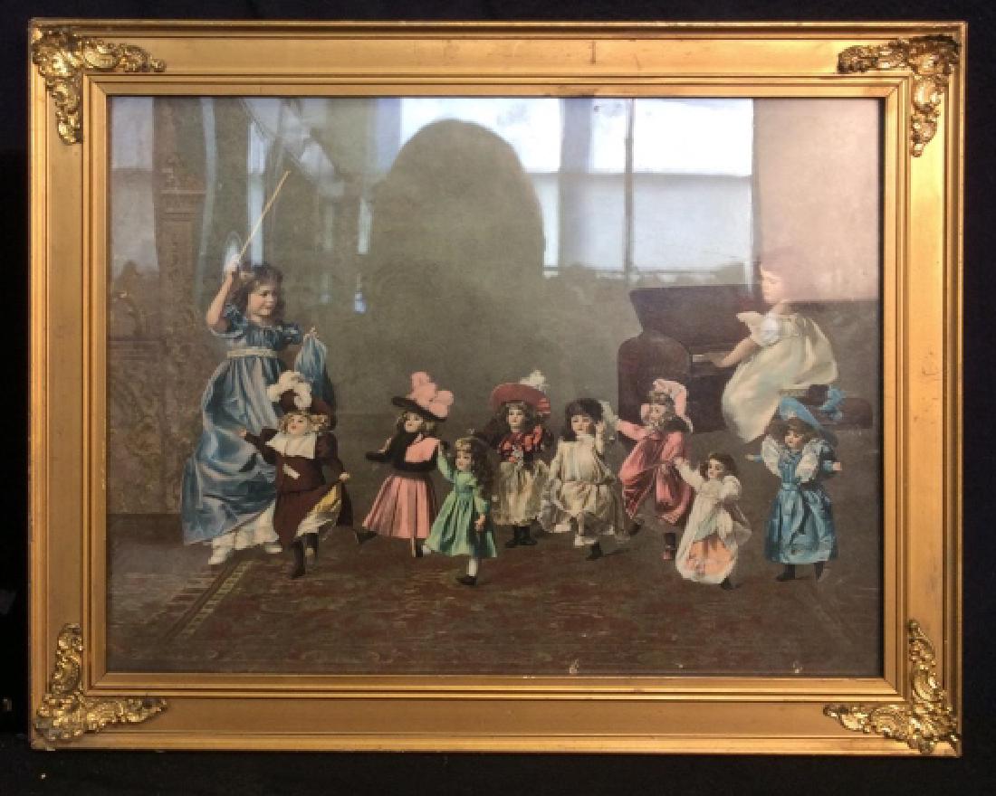 Hand Colored Print Girls with Dolls: Hand Colored vintage print of girls playing with dolls, in gold leaf frame measures app 15 by 18 inches, not inspected out of frame. Vintage art, artwork, framed art home decor, home decoration.