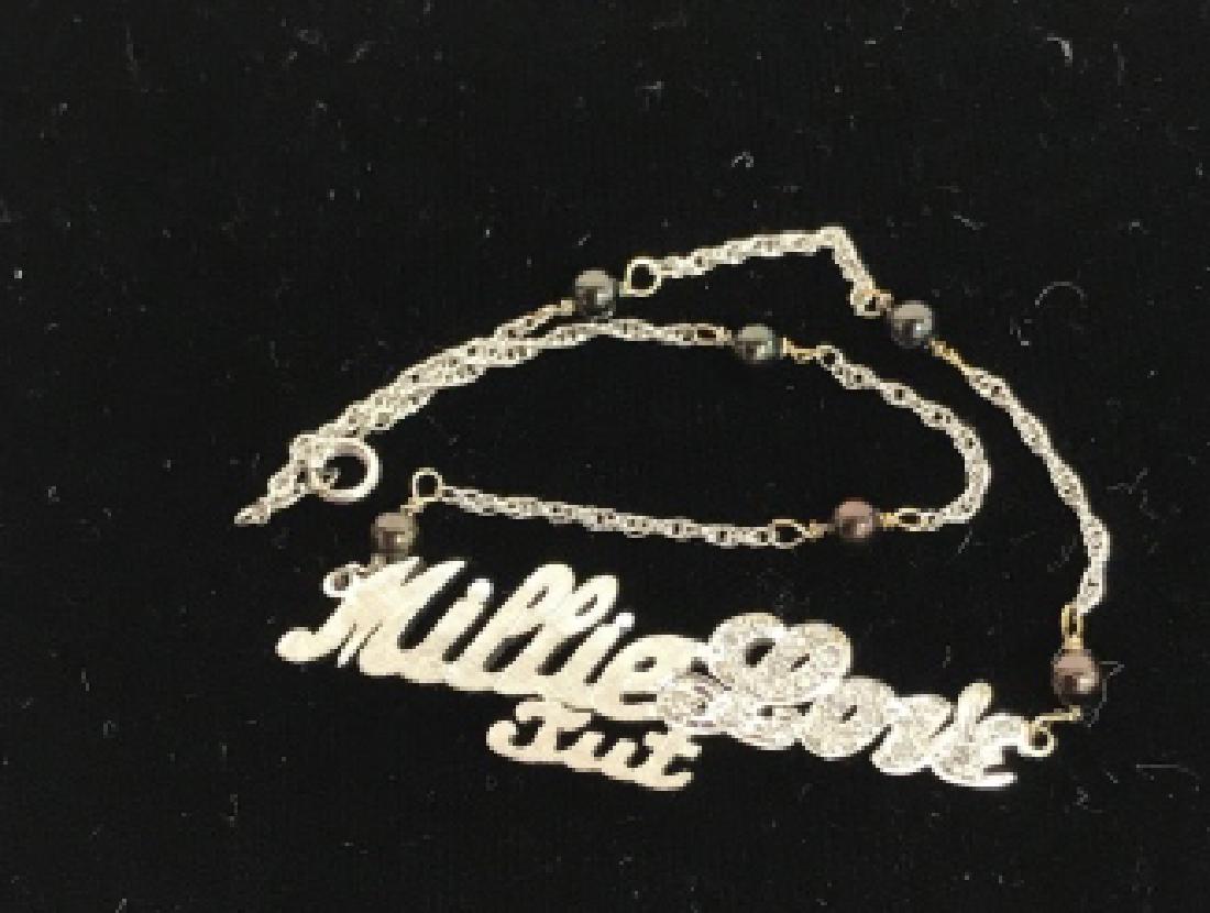 14K White Gold Bracelet Anklet Rhinestones: Estate jewelry, bracelet marked for 14k length app 10 inches, in script with Rhinestone accents reads Millie Love Tut, property of Brooklyn New York Town house Estate