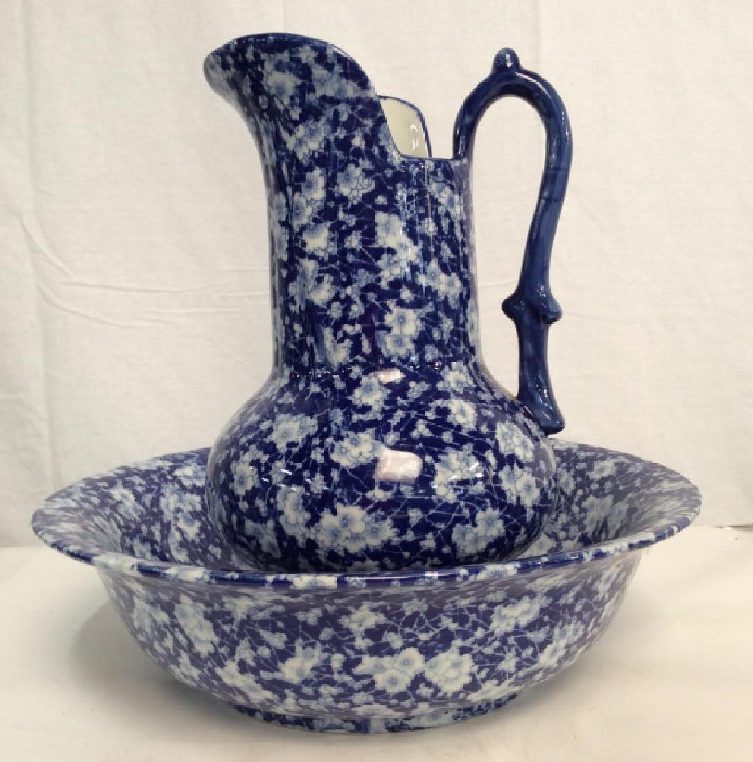 Set Porcelain Water Pitcher And Bowl: Set Porcelain Water Pitcher And Bowl. Unidentified Makers Mark on underside, large pitcher jug and water basin, bowl. decorative tabletop decor, tableware, decorative accessories, vanity accessory. Pi