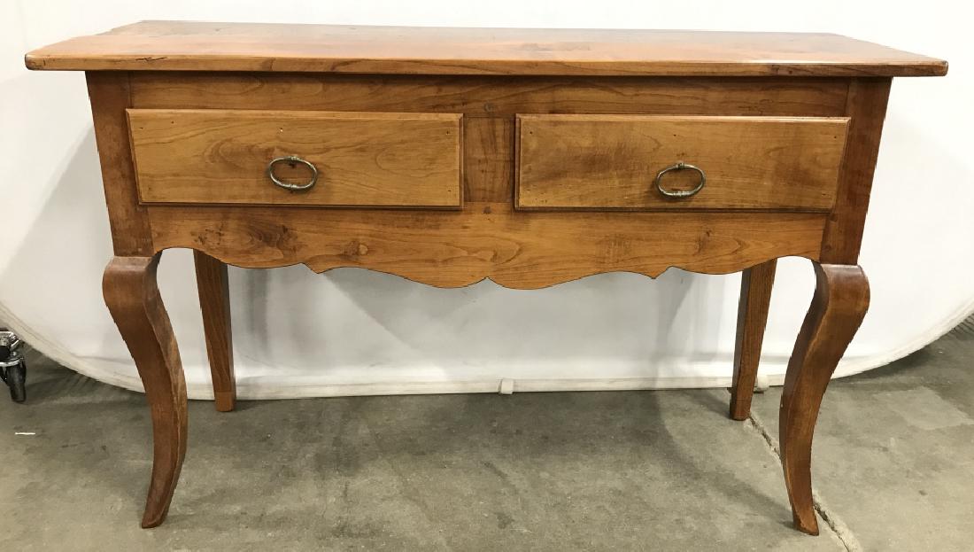 Poss Antique Wooden Credenza Buffet: Poss Antique Wooden Credenza Buffet with two drawers, cabriole front legs and brass toned metal oval shaped drawer pulls. Some minor surface scratches and nicks due to age and use. Purchased from Howa