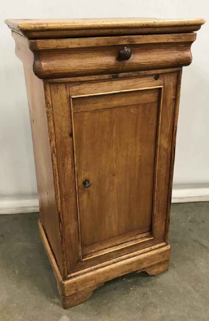 Possibly Antique Pine And Fruit Wood Side Table: Possibly Antique Pine And Fruit Wood Side Table, bedside table, plant stand, brown toned wooden table, single drawer with carved wooden knob and lower door with bronze toned metal latch in the form of
