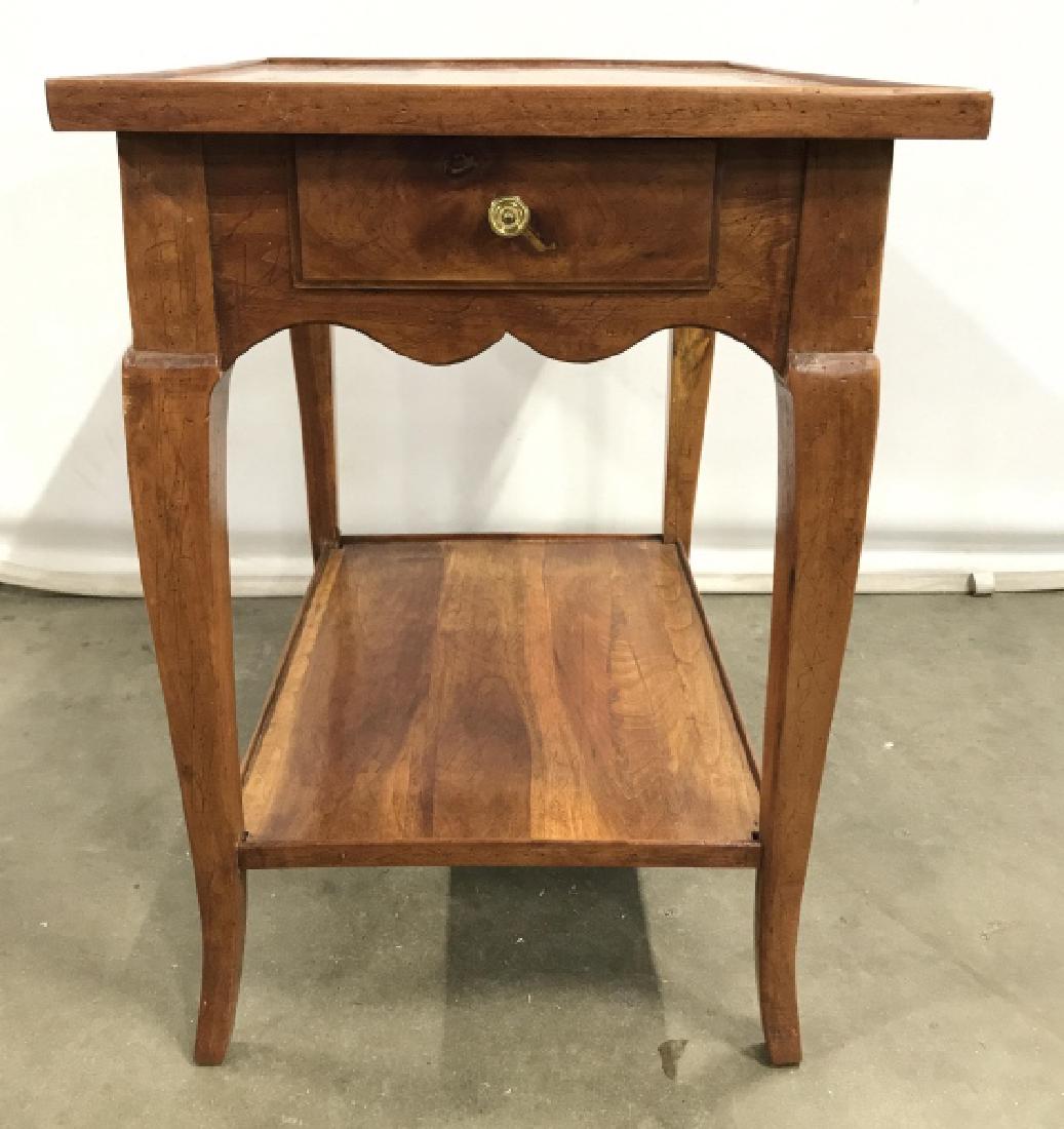 Vintage French Style Fruit Wood Side Table: Vintage possibly antique French Style Fruit Wood Side Table With Single Drawer, Cabriole Legs, and Lower Shelf, Some Light surface wear, measures approx 26 inches long x 18.5 inches wide x 26 inches t