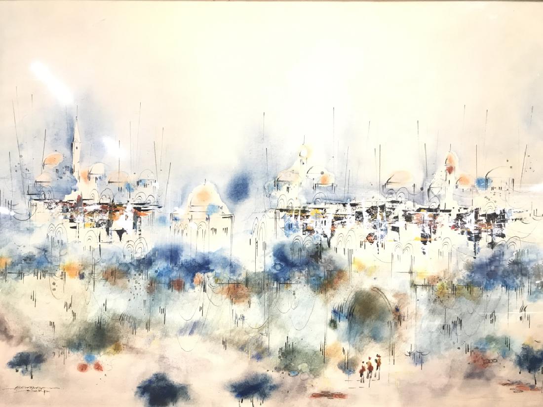 Signed BEN AVRAM Framed Watercolor: Jerusalem landscape watercolor. Signed BEN AVRAM on lower left corner. Piece is professionally framed with silver toned frame. Appears to be authentic. Has not been inspected outside of frame. Measure
