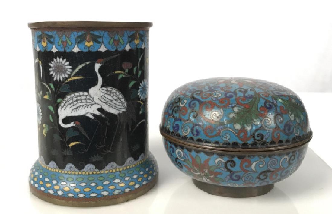 Lot 2 Cloisonné Lidded Trinket Dish And Vessel: Lot 2 Cloisonné Lidded Trinket Dish And Vessel Pen Holder, Round Lidded Trinket Dish with multicolored Scroll motif, vessel floral design with crane birds, both with classic turquoise interior. Large