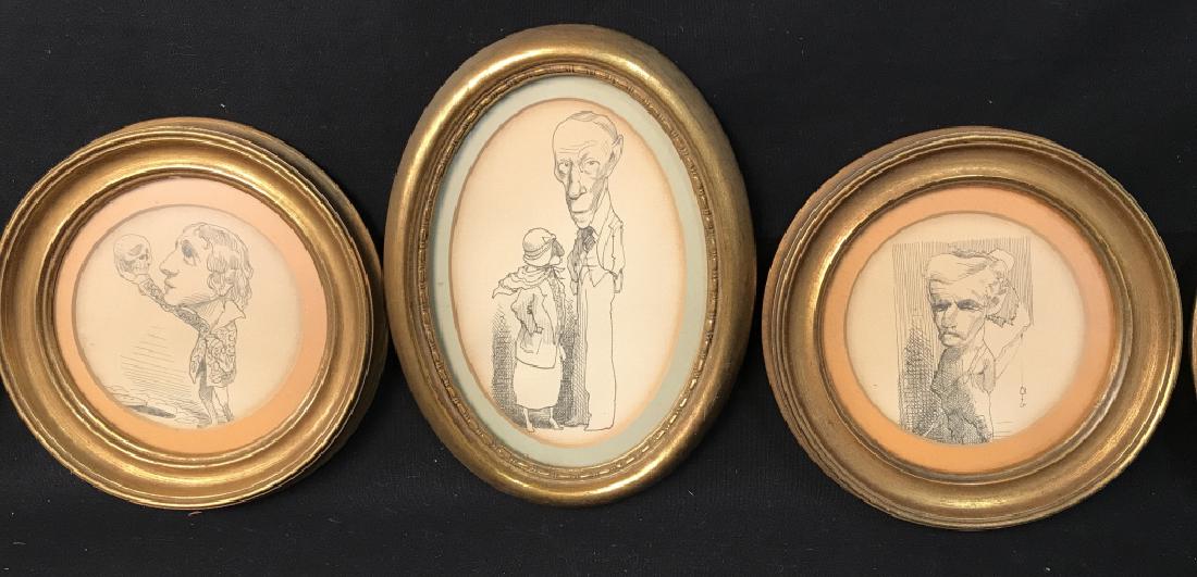 Lot 5 Vintage Framed David Levine Caricatures: Lot 5 Vintage Framed David Levine Caricatures Prints Possibly Pen & Ink, not examined out of frames, in vintage gold toned wooden frames, one visibly signed D. Levine 63, others possibly signed under