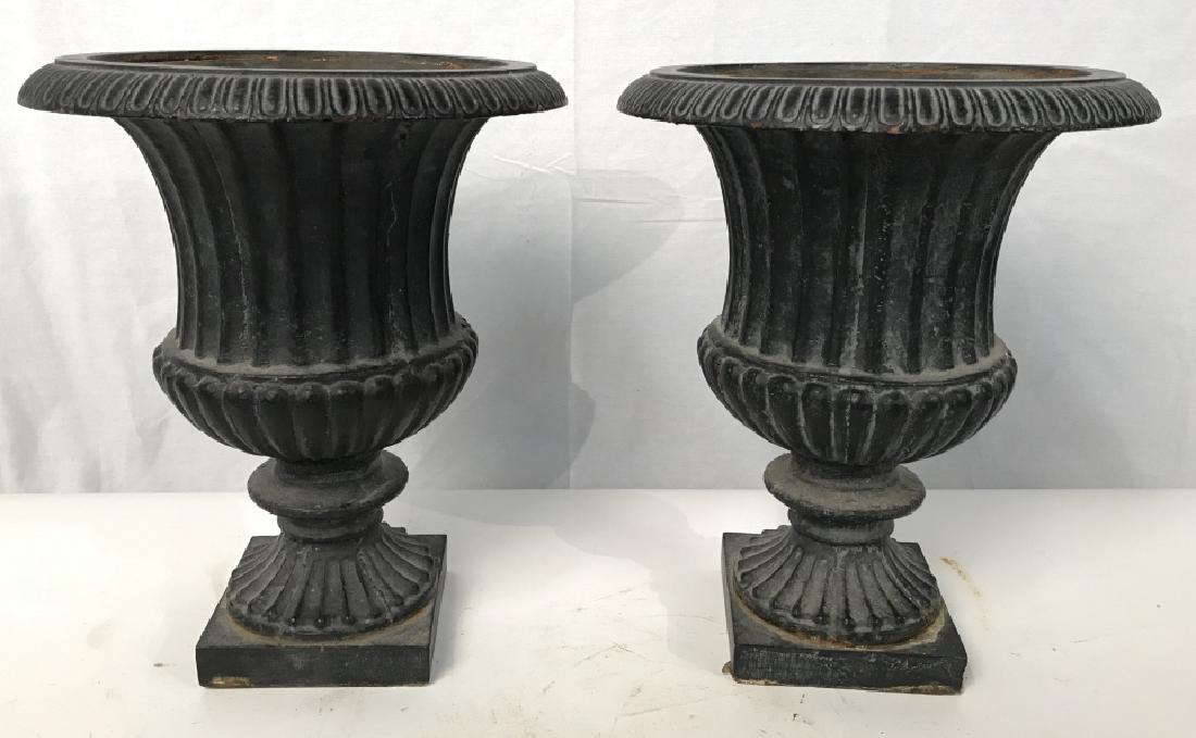 Pair Of Cast Iron Garden Urns Black Toned: Pair a Of Cast Iron Black Toned Painted Urns Architectural Garden Accessories. Cast Iron Garden Ornaments. Cast Iron Garden Urns. Patio Accessories. Garden Ornaments. Entryway Statement Pieces. Measur
