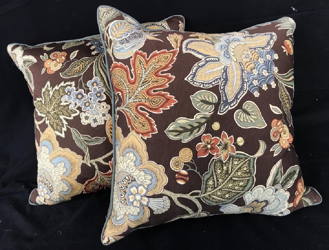 Pair Of Ryan Studio Designer Fabric Pillows: Pair Of Ryan Studio Designer Fabric Pillows With brown, cream, blue, rust, and green toned floral, leaf and fruit design front, chocolate toned fabric back and Smokey blue toned welting around edges, 