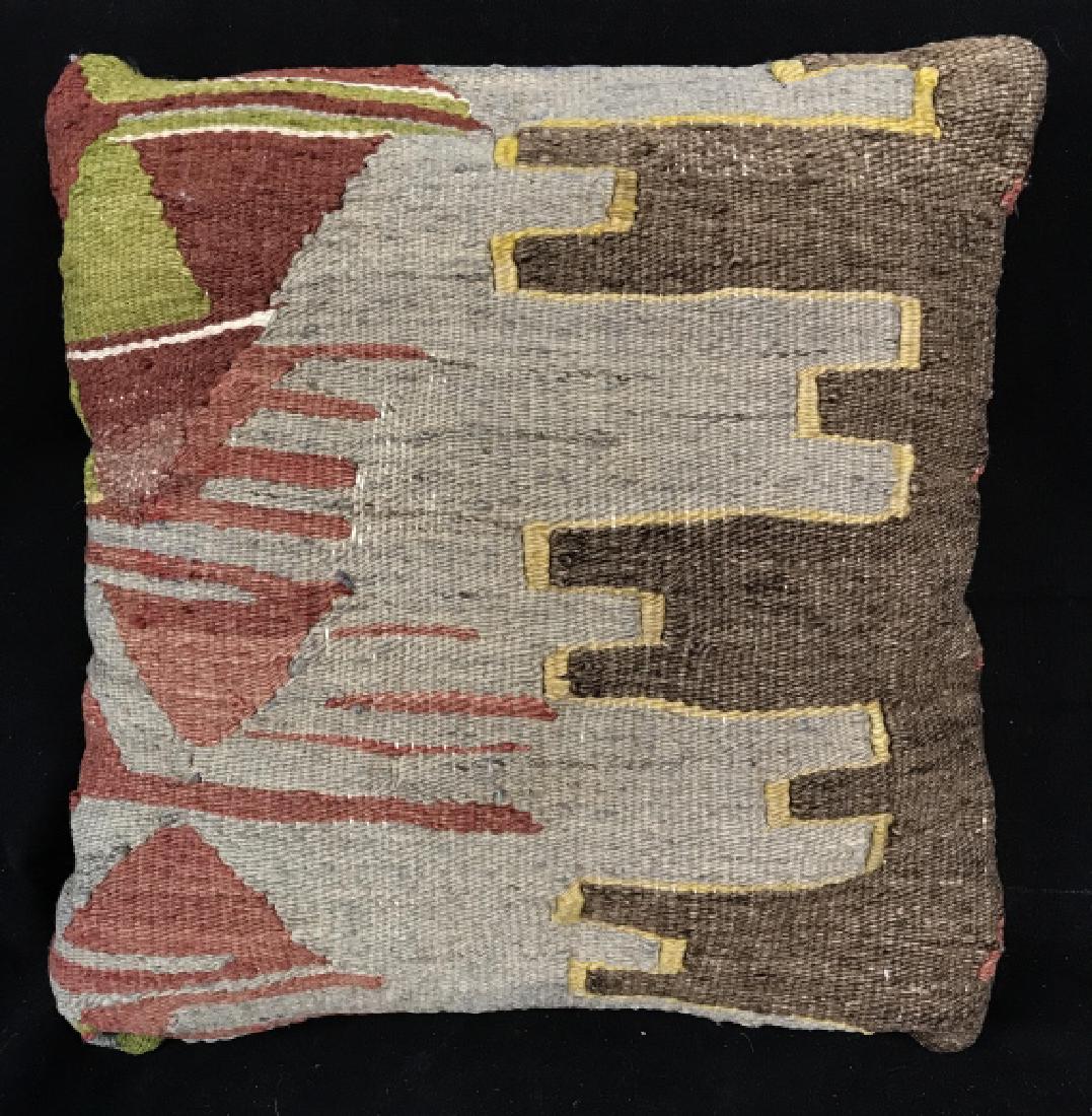 Hand Made Kilim Pillow: Hand Made Kilim Pillow With green, brown, grey, and light red toned geometric shapes, reverse is in a black toned fabric, measures approx 13 inches square, needs light spot cleaning on reverse. Kilim