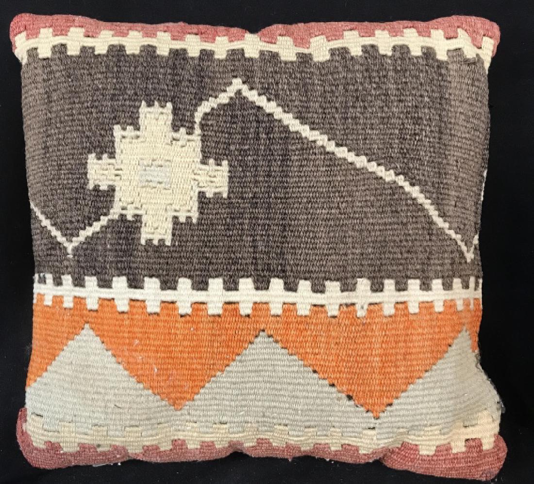 Hand Made Kilim Pillow: Hand Made Kilim Pillow With orange, brown, grey, and light red toned geometric shapes, reverse is in a black toned fabric, measures approx 13 inches square, needs light spot cleaning on reverse. Kilim