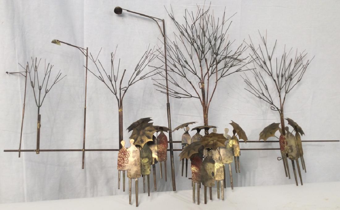 Curtis Jere Metal Hanging Wall Sculpture: Curtis Jere Mixed Metal Hanging Wall Sculpture, Signed @ C Jere On Figure far right, good condition, 3 Groups of People under Umbrellas in Park, Decorative Metal Wall Art, Curtis Jere Sculptures, Mid