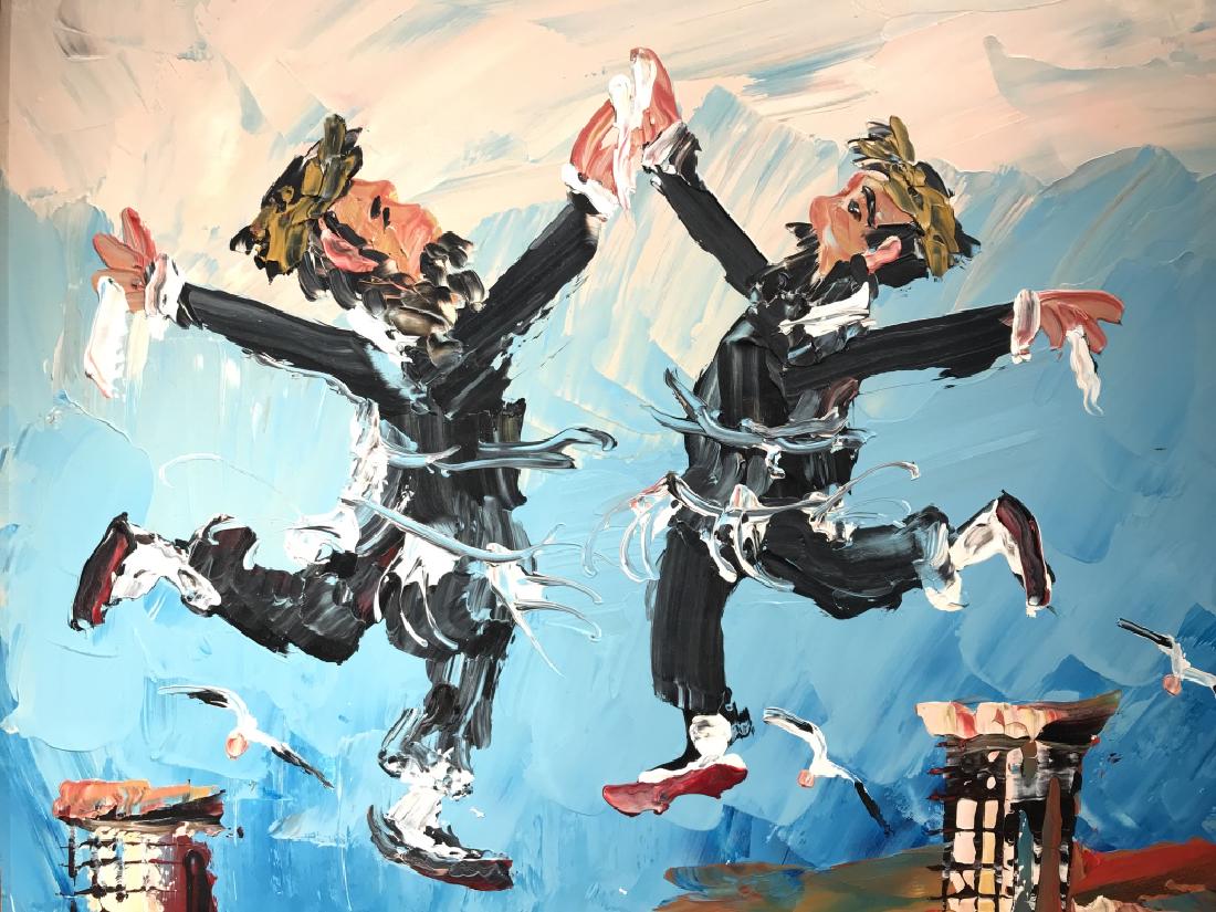 Signed MORRIS KATZ Painting On Board: Painting on board depicts 2 male figures jumping in the & flying birds in the background. Piece is signed MORRIS KATZ on lower right corner. Piece is professionally framed with brown toned wooden fram