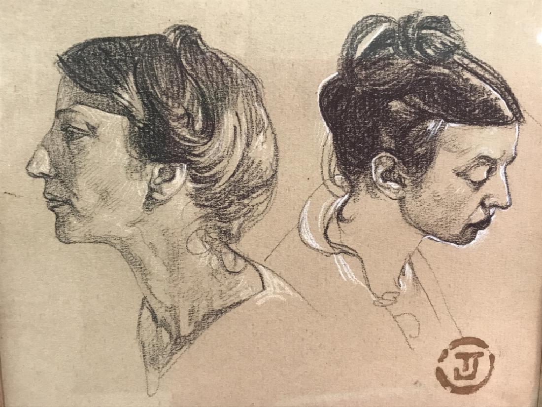 Portrait Study Drawing Attributed to Leyendecker: Artist stamped original drawing of female portrait, specifically a double portrait of a woman from 2 angles. Attributed to JC Leyendecker. Drawing is stamped in lower right corner. Drawing is matted a