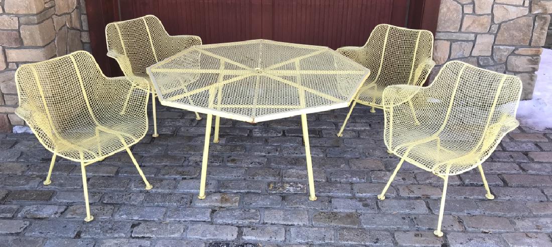Set5 MCM Russell Woodard Sculptura Chairs & Table: Set 5 Vintage Mid Century Modern Russell Woodard Sculpturaa Iron Four Arm Chairs and Octagonal Dining Table. Octagonal Russell Woodard dining table with four woven wire sculptura dining arm chairs in