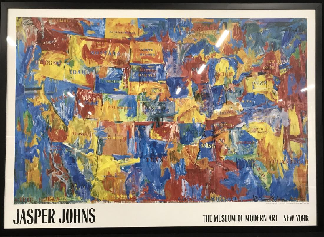 Large-Scale Vintage JASPER JOHNS Exhibition Poster: Large-scale vintage and framed JASPER JOHNS exhibition poster for the Museum of Modern Art in New York. Poster features a print of Johns’ 1961 oil painting titled ‘Map’. Image depicts an abstrac