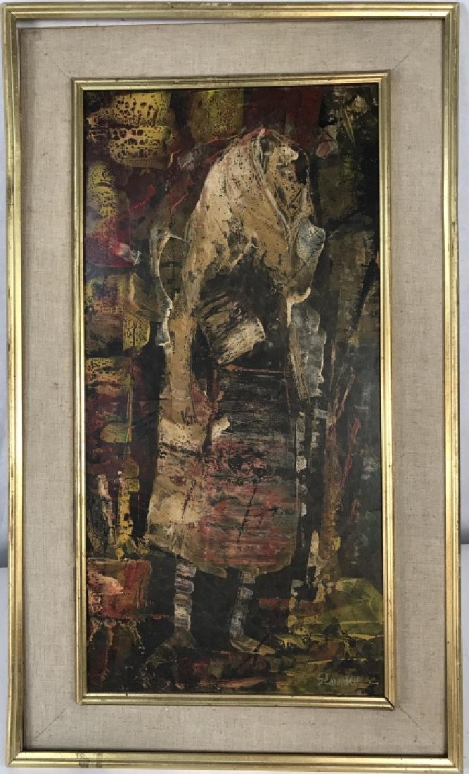 Signed Artwork Painting of Cloaked Figure: Signed abstract painting on board of cloaked figure. Painting is on Board, and appears to be oil paint that was combined with water. This created thin layers of pigment that dried too quickly, causing