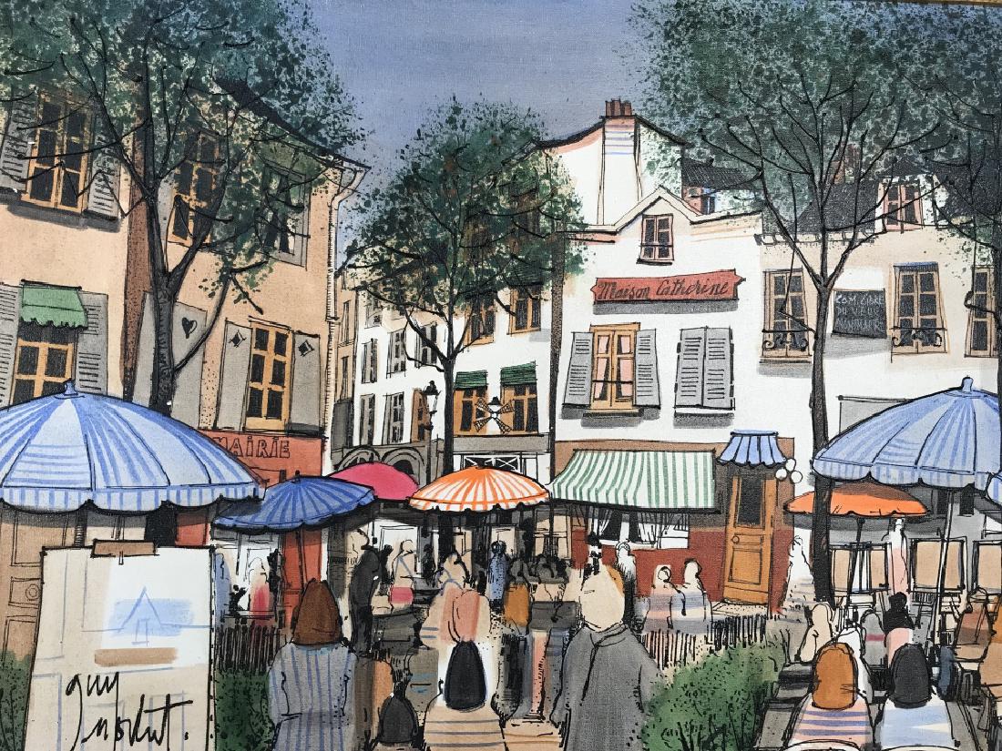 Signed GUY NOCHET Oil Painting of Street Scene: Signed GUY NOCHET 1989 oil painting on canvas of Paris street scene with building facades. Signed Guy Nochet in lower left corner. Reverse side of canvas reads Guy Nochet 89, along with an illegible t