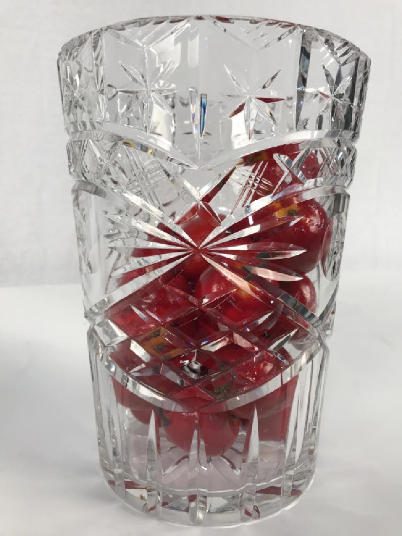 Vintage Cut Glass Table Vase: Vintage Cut Glass Table Vase, 9 1/2 in x 6 3/4 in diameter, includes Decorative Imitation Apples, Good condition, Decorative Collectible Tableware, Decorative Cut Glass, Kitchenware, 5