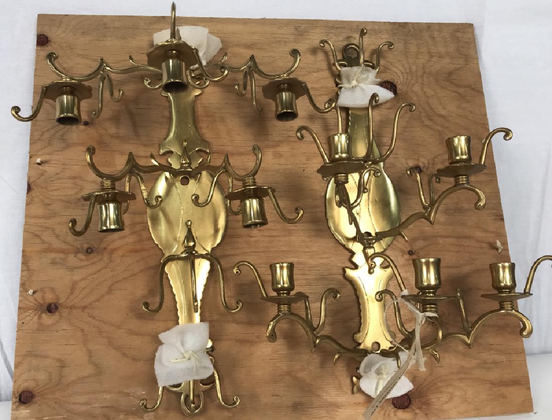 Pair Brass Wall Sconces, London: Pair Brass Wall Sconces, London, mounted on wood frame for shipping, 18 in long x 13 in at widest point between candles, tags for gander white Shipping, export packers and shippers, 21 Lillie Road, Lo