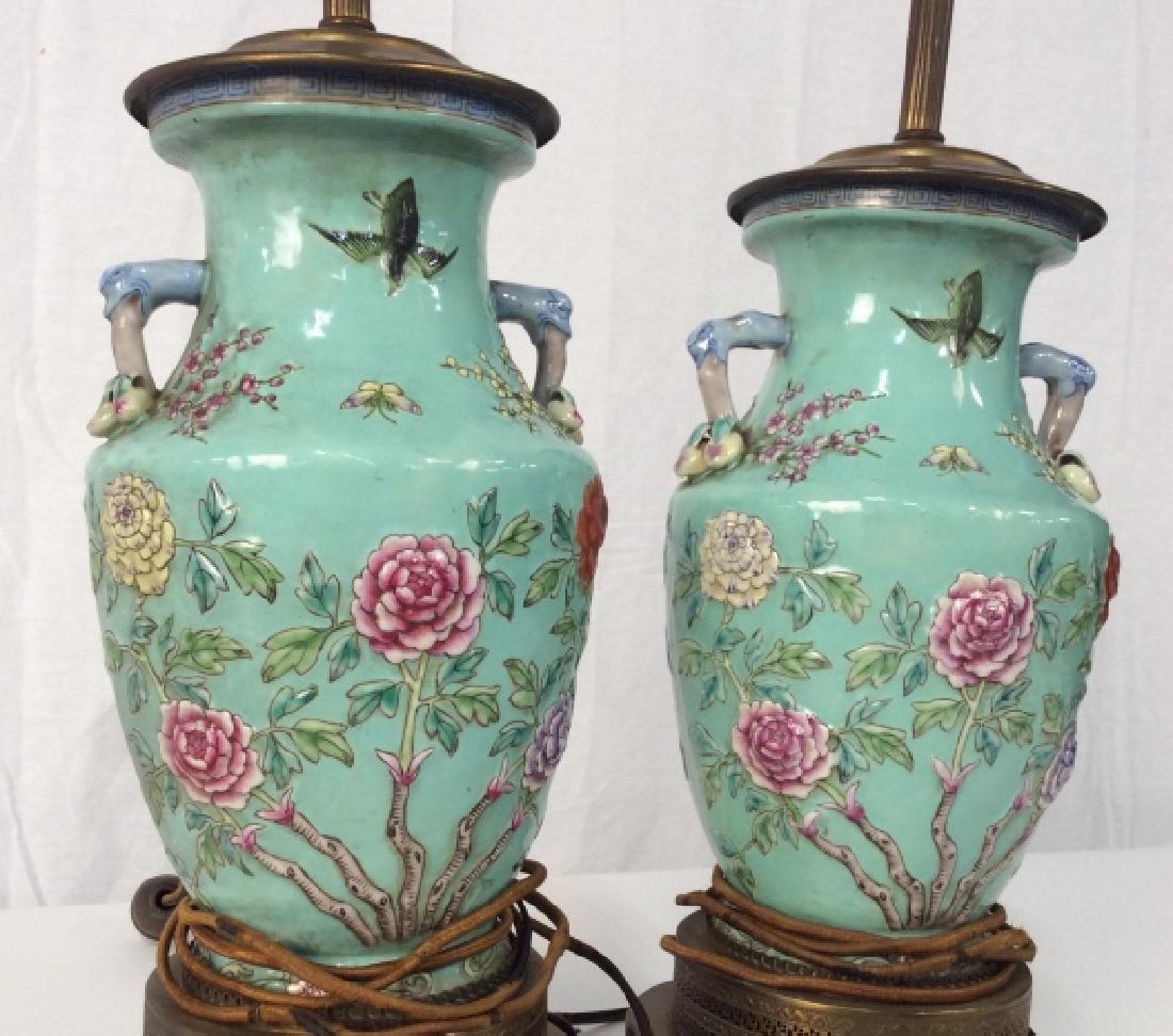 Pair of Asian Famille Verte Table Lamps: Pair of Asian Famille Verte Table Lamps, possibly antique, each measures 32in to top of Finial, On pierced bronze toned bases, old wiring, not tested, Asian Decorative Lighting, Asian Arts and Crafts,
