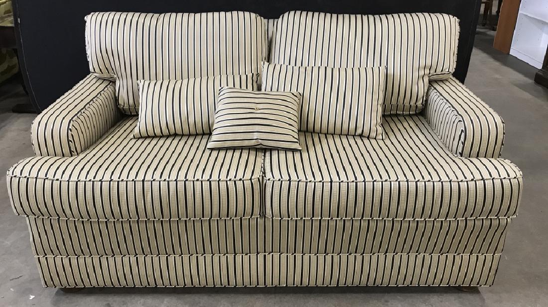 Loveseat W Striped Fabric Upholstery: Loveseat with striped fabric upholstery. Fabric is light beige in tone with white and black stripes pattern. Possibly a silk blend fabric. Comes with three upholstered Throw Pillows. High End Home Fur