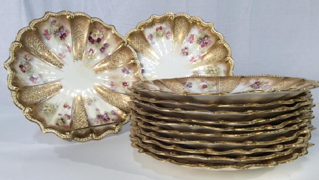 Crescent Set Of 12 Porcelain Plates, England: Crescent Set Of 12 possibly Bone China Plates, possibly antique, undersides Marked England Crescent, China a 3250 p, 9 in Diameter, Some minimal loss of paint and surface wear including minor chips. g