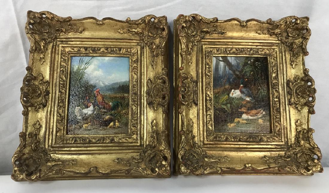 Pair Signed HOMBERG Oil Paintings In Gilded Frames: Pair of signed HOMBERG oil paintings on wood boards, in ornately carved brushed gold tone wooden frames. One painting depicts roosters, hens, and chicks with scenic background. The other painting depi