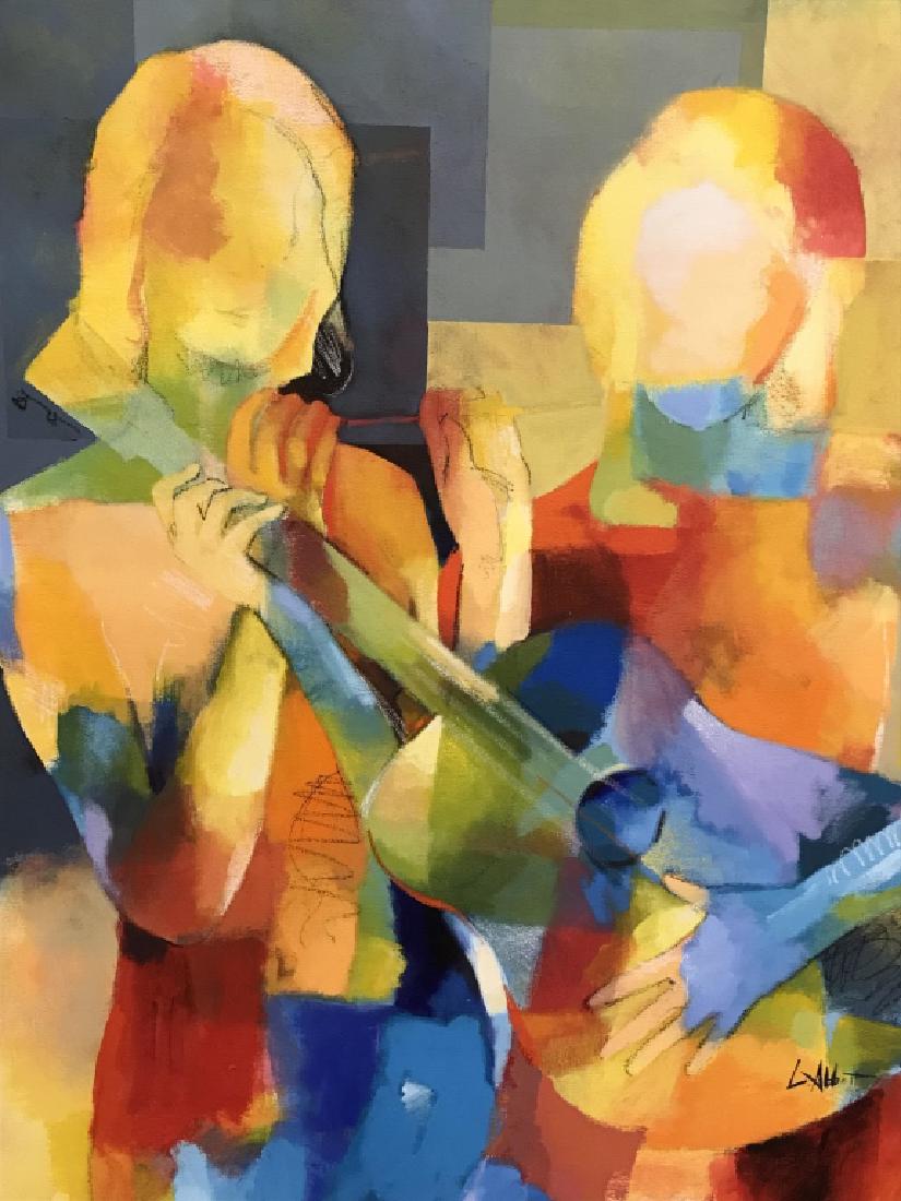 Signed LEN ABBOTT Oil on Canvas of Figures: Len Abbott Painting ‘Chorus’ purchased in 2006 for $2000 from Genesis Gallery in Stanford, CT, professionally framed in a gold leafed frame, Measures approx 50 inches tall x 47 inches wide, no con