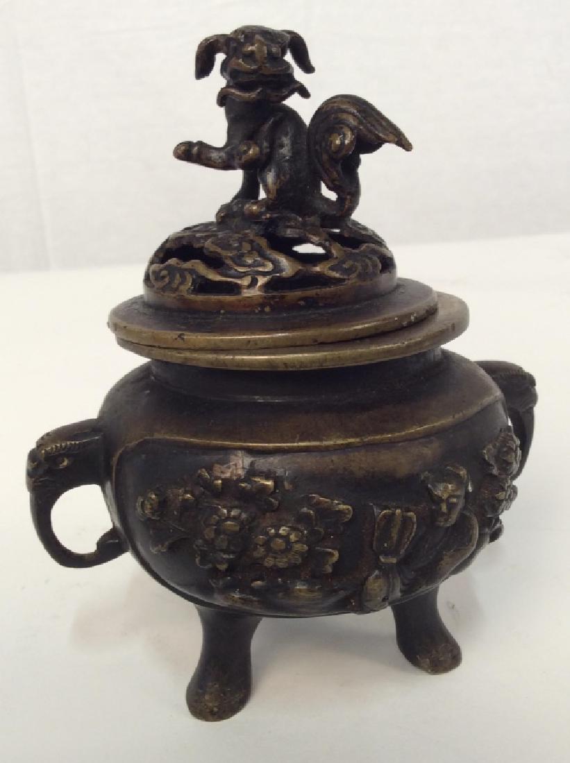 Vintage Asian Bronze Covered incense Burner: Vintage Asian Bronze Covered incense Burner, Formed with Foo dog On Lid, two Elephant Head Handles, On 3 legs, and Asian Characters on Side, Tarnished, Collectible Bronzes, Collectible Bronze Utensils