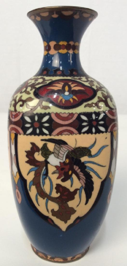 Vintage Asian Enamel Vase: Vintage Asian Enamel Vase, 7 in tall, x 1 7/8 in wide at the top, Enameled design in pinks and reds on blue ground, good condition, Collectible Asian Tableware, Collectible Asian Decor, Asian Enamels,
