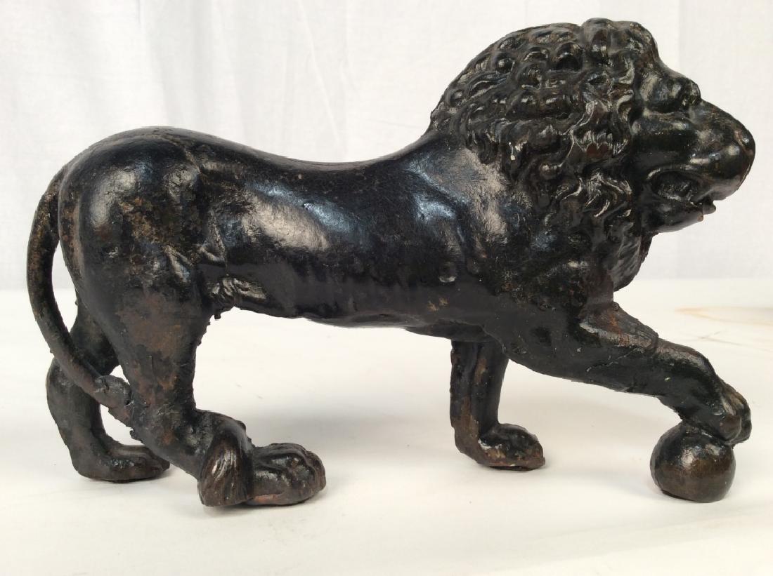 Vintage Painted Cast Iron Lion with Orb: Vintage Painted Cast Iron Lion with Orb, possibly a doorstop, after the Renaissance Medici Lion, old repair to back leg and tail, and front leg, Collectible Cast Iron Sculptures, Cast Iron Doorstops, 