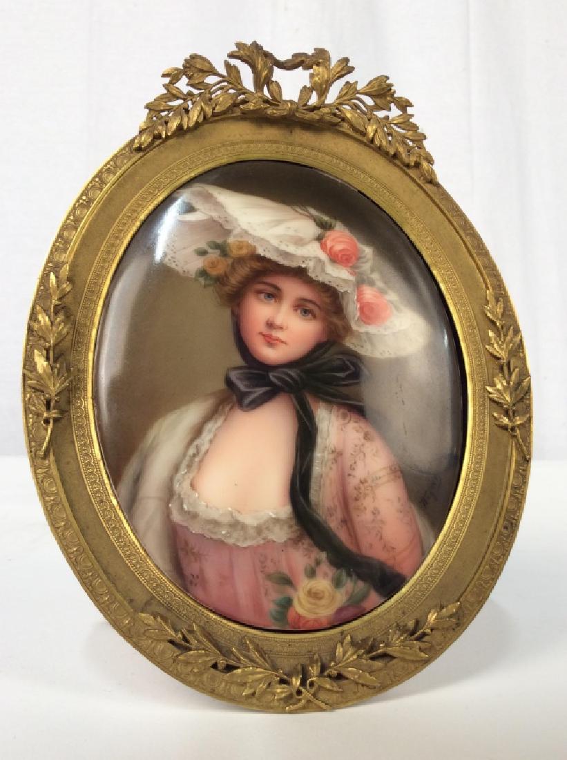 WAGNER, 1802-1888, PORTRAIT Miniature, Signed: WAGNER, 1802-1888, Miniature PORTRAIT OF THE Rose Queen, Oil On Porcelain, Signed Wagner, possibly Daniel Wagner, in bronze frame decorated with applied foliage, on aisle, blue eyed lady wearing Lacy 