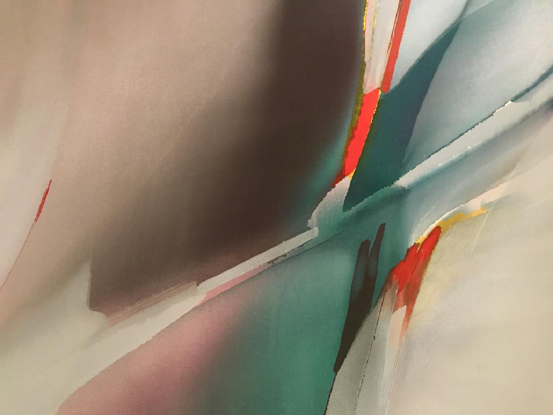 JAMES MACK Signed Acrylic On Canvas Abstract: JAMES MACK Signed Acrylic On Canvas Abstract Painting C 1986, In purple, blue, red, yellow, and black luminous toned paint, artist James Mack said he tries to find a balance of harmony and dissonances