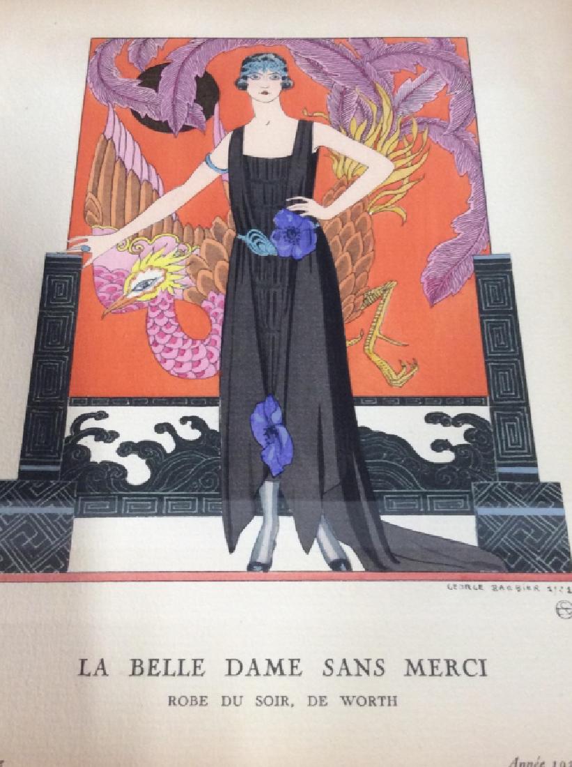 Framed GEORGE BARBIER Poss Lithograph: Framed vintage GEORGE BARBIER Print from fashion magazine, possibly a lithograph with hand applied color (pochoir), from the Gazette du Bon Ton, 1921, plate 47. Image depicts a woman with a vibrant Ph