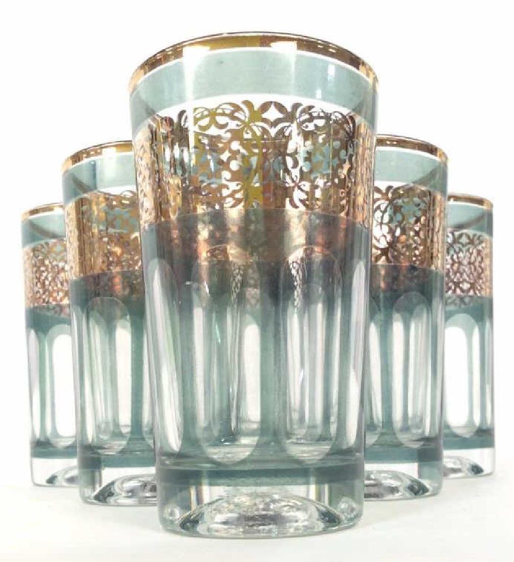 Set 6 Bohemian Glass Cups: Underside of cups are marked for FRANCE. Each have a teal tone with gold ornate detail underneath rim. Bohemian glass, French Art Glass tableware, tabletop accessory, barware, glassware, Each Measures